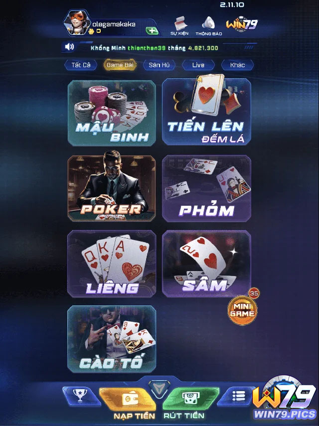 Giao diện hấp dẫn với nhiều thể loại game bài win79